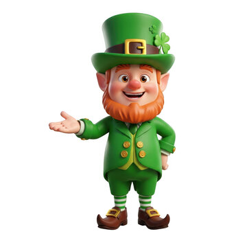 Cheerful leprechaun with green suit and hat standing with arm outstretched isolated on transparent background