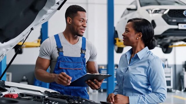 Mechanic Consultation at Auto Repair Shop: A skilled mechanic, clad in work attire, engages in a discussion with a customer at an automotive repair shop.