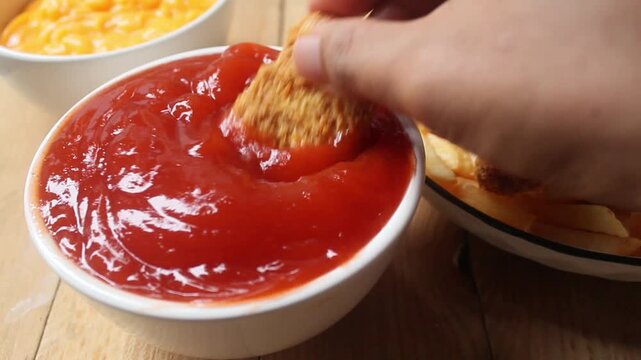 close up of dipping chicken nugget into red sauce