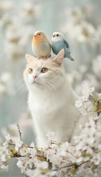 Un gato blanco con ojos dorados sostiene con elegancia dos periquitos, uno naranja y uno azul, sobre un fondo de delicadas flores de cerezo.