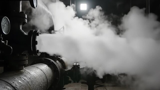 Close-up of pipes releasing steam, with a bright light in the background