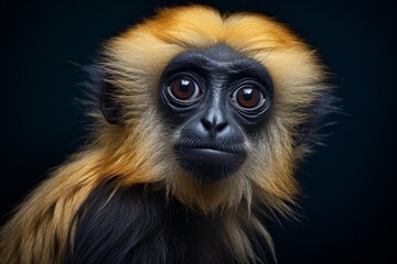 Obraz premium Primate monkey face with golden fur on a dark background