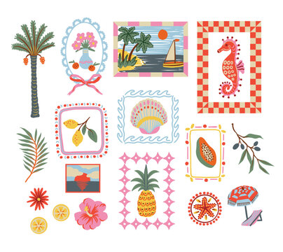 Tropical mediterranean elements with framed coastal fruits flowers and summer illustrations vector isolated