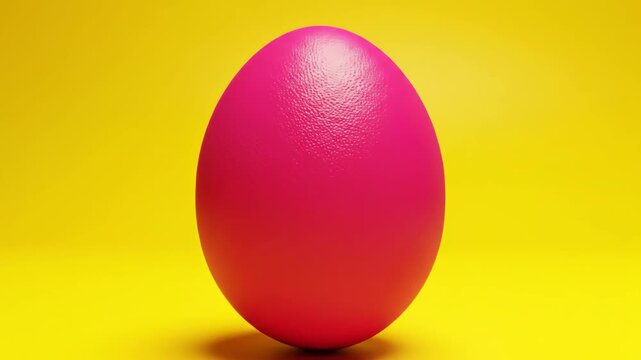 Vibrant pink egg standing on a bright yellow studio background