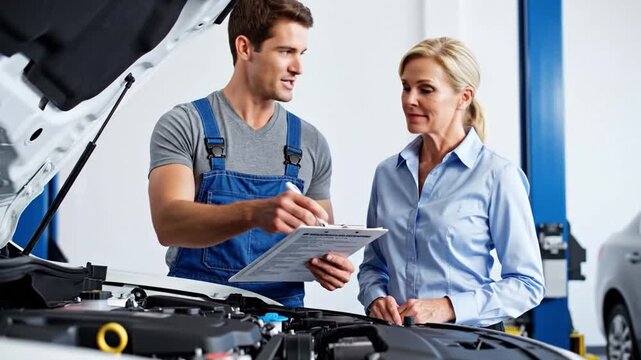 Car Service Dialogue: A skilled mechanic and a customer engage in a discussion about a car, highlighting the importance of clear communication in the automotive service industry.
