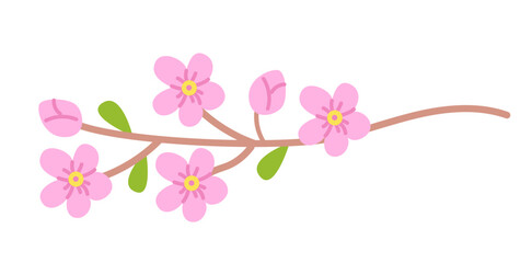 Cherry blossom branch spring vector illustration isolated on white background. Pink sakura flowers in naive art style. © Diana