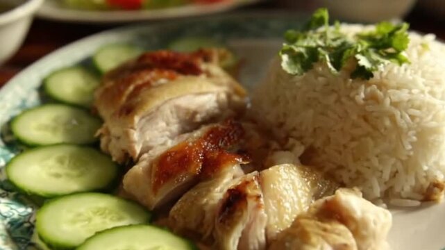 Plated dish sliced chicken cucumber rounds rice and garnish on a patterned plate