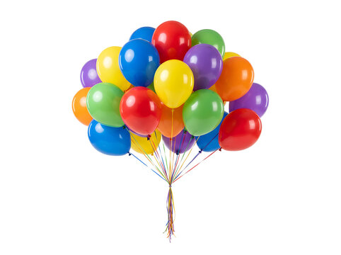 A large, vibrant bunch of colorful helium balloons floating against a dramatic black background, perfect for celebratory designs and party invitations