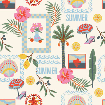 Tropical frame seamless pattern with palm pineapple seahorse flowers coastal summer illustration