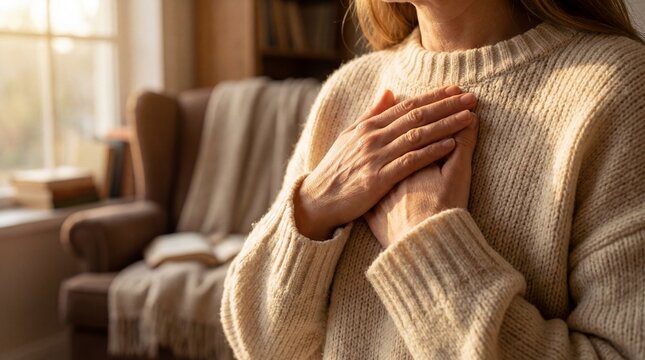 A tranquil moment of self-reflection. Gentle hands held over the heart, bathed in soft sunlight, and a cozy interior. A scene of comfort, peace, and inward focus.