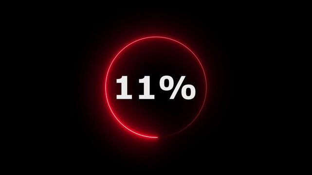 Glowing neon circle with 11 percent text icon animation light effect modern minimal clean shiny typography counter progress meter loading indicator loop seamless black background animation.