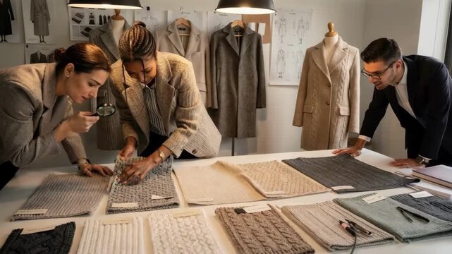 In a softly lit studio a creative team reviews test panels of knit outerwear focusing on stitch patterns and fabric durability for upcoming coat prototypes.