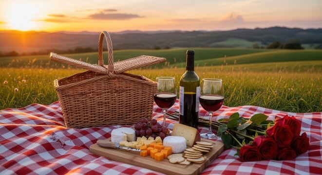 Romantic picnic basket with wine and cheese in golden sunset field