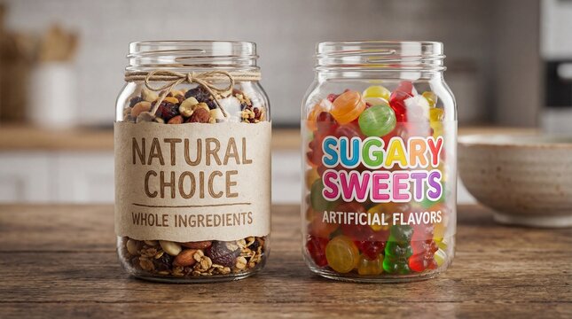 A contrast between healthy and indulgent snacks, displayed in clear jars, showcasing 'Natural Choice' and 'Sugary Sweets' offerings.