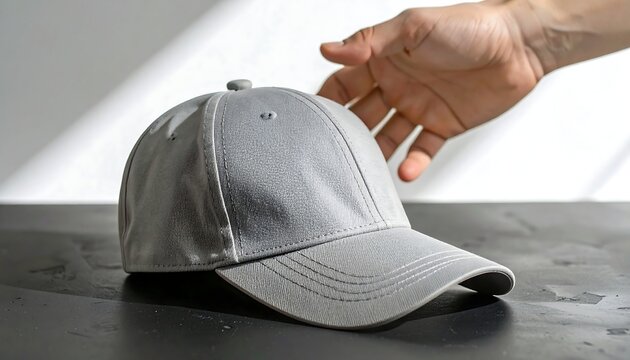 A hand reaching for a gray baseball cap on a dark surface with soft lighting and shadows