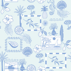 Tropical mediterranean seamless pattern with coastal frames botanical summer line art © Yumeee