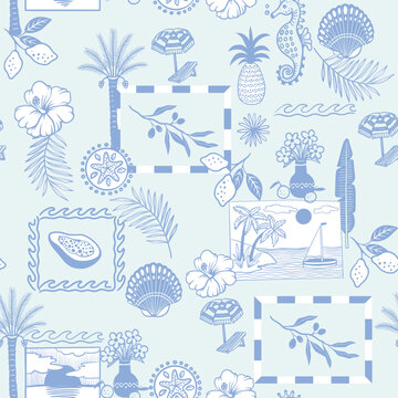 Tropical mediterranean seamless pattern with coastal frames botanical summer line art