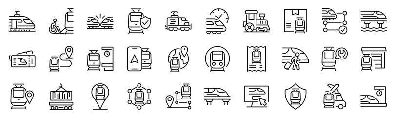 Set of 30 outline icons related to train. Linear icon collection. Editable stroke. Vector illustration