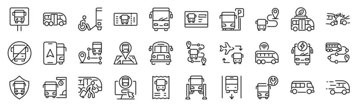 Set of 30 outline icons related to bus. Linear icon collection. Editable stroke. Vector illustration