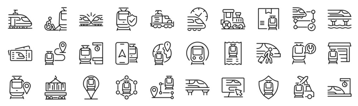 Set of 30 outline icons related to train. Linear icon collection. Editable stroke. Vector illustration