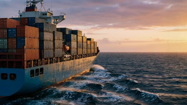 Large container ship loaded with cargo sailing on the open ocean at sunset. Global logistics and freight transportation concept.