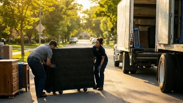 Man and woman movers loading furniture onto a truck. Professional moving service for cargo delivery and household relocation.