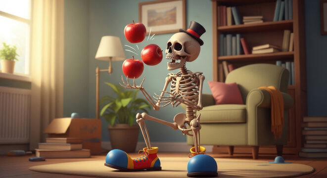 Skeleton juggling apples wearing top hat and oversized clown shoes