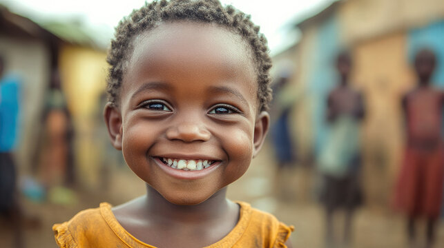 Little smiling African child from slums on blurred background of poor African school, children in background, cheerful kid in tribal village, diversity, volunteer help, education in Africa