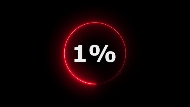 Glowing neon circle with 1 percent text icon animation light effect modern minimal clean shiny typography counter progress meter loading indicator loop seamless black background animation.