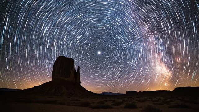 Dramatic star trails arch over a silhouetted desert mesa under a vast night sky