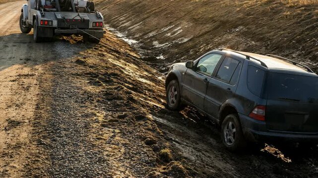 Tow truck pulling a stuck suv out of a muddy ditch on an unpaved road at sunset, roadside assistance and vehicle recovery concept.