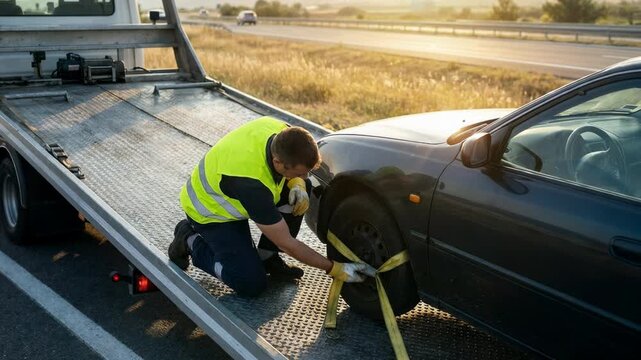 Man securing car to a tow truck on a highway at sunset. Roadside assistance service for vehicle transport and repair.