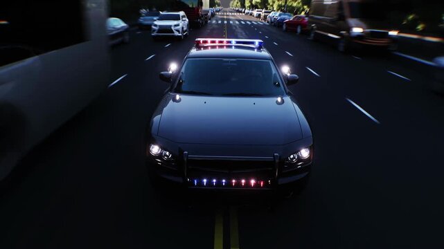 An police driving fast on a city street. Realistic 4k animation.