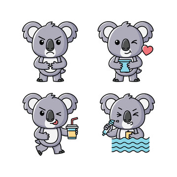 Cute cartoon koala characters enjoying daily activities with copy space