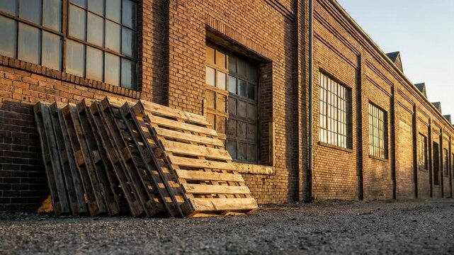 Stack of wooden pallets leaning against old brick warehouse wall, industrial building exterior with large window frames during golden hour light.