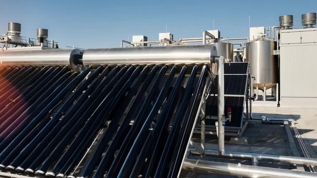 Medium shot of evacuated tube solar collectors on a rooftop efficiently capturing sunlight to preheat process water for industrial sauce production. Medium shot showing flat solar