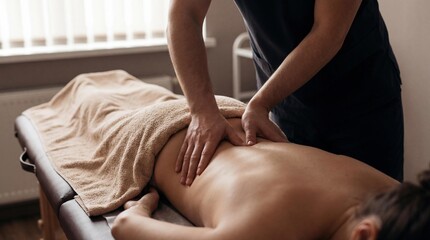 Professional therapist massaging lower back muscles of patient at spa