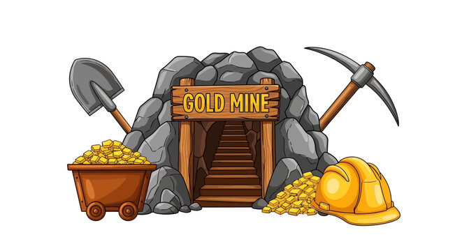 Illustration of a gold mine entrance with a cart, pickaxe, shovel, and hard hat on a white background