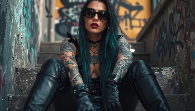 Una mujer tatuada y con un estilo g&oacute;tico-punk se sienta en escalones graffiteados, irradiando fuerza y misterio.
