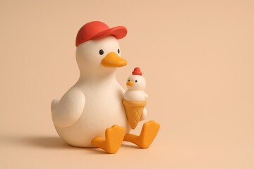 Cute Duck Character Holding Ice Cream Cone, Minimal 3D Pastel Illustration