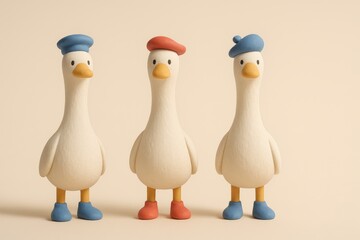 Three Cute Duck Characters Wearing Berets, Minimal Pastel 3D Illustration