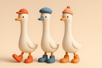 Cute Duck Characters Walking in a Row Wearing Colorful Hats and Boots, Minimal 3D Clay Illustration