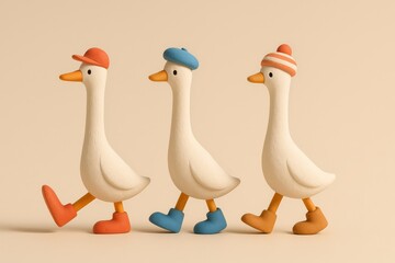 Three Cute Duck Characters Walking Together in Minimal Clay Style 3D Illustration