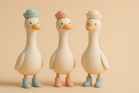 Three Cute Duck Characters in Pastel Hats, Minimal 3D Cartoon Illustration
