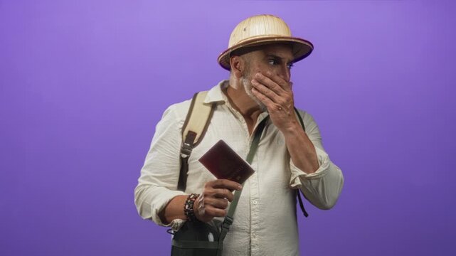 Man holding passport with hand to mouth in studio, wearing pith helmet and backpack while examining passport; surprise uncertainty.