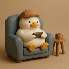 Cute Duck Using Smartphone Sitting on Armchair 3D Clay Illustration
