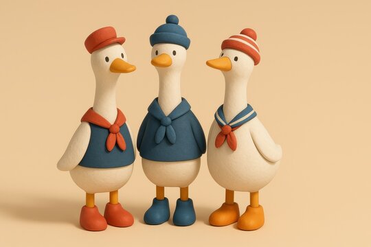 Three Cute Sailor Ducks in Vintage Outfit 3D Clay Illustration