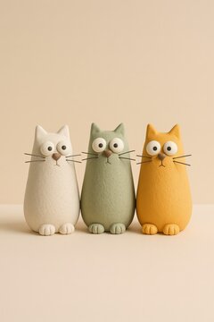 Three Cute Clay Cats with Serious Expression on Beige Background