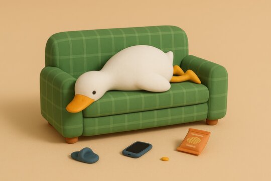 Cute Duck Sleeping on Sofa with Smartphone and Snacks 3D Clay Scene
