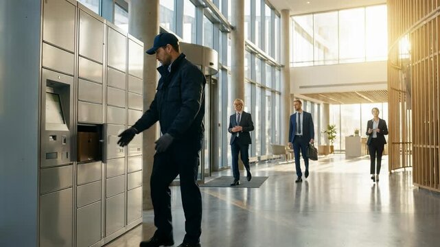 Delivery man placing package into smart locker in modern office building with business people walking